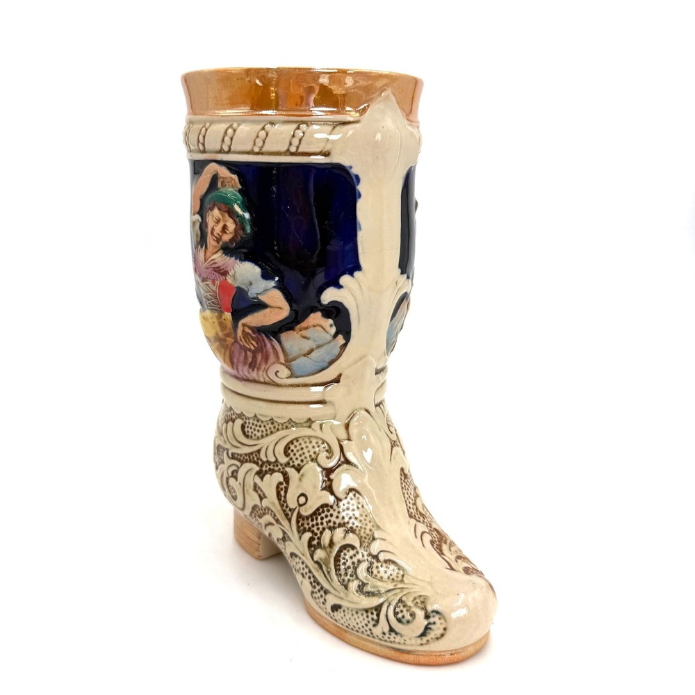 Beer Stein Boot Western Germany 4066 Blue Cream Good Vintage Hand Painted